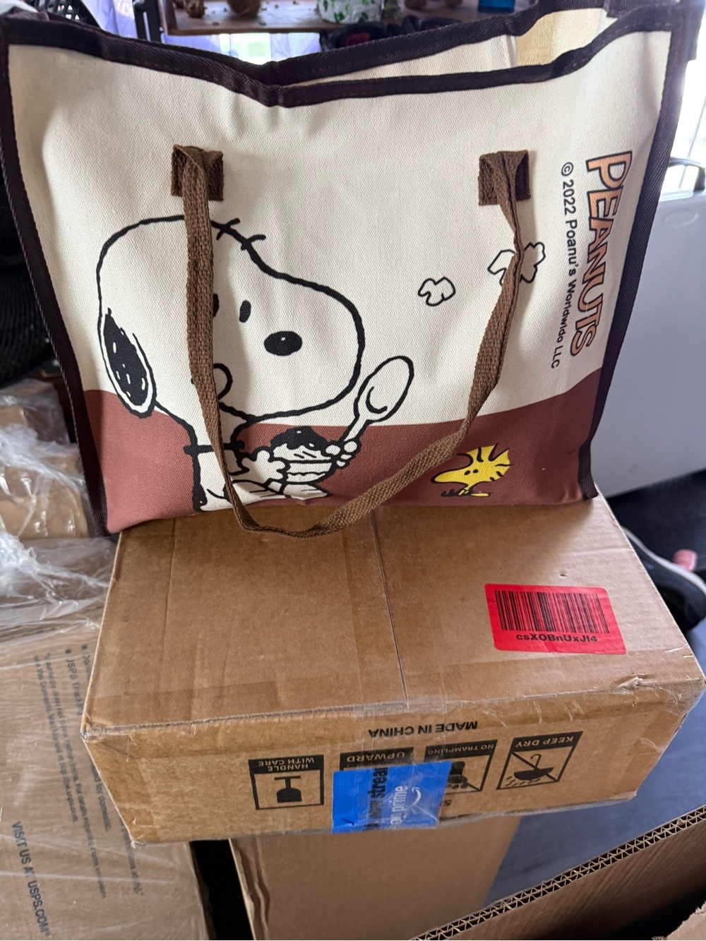 Peanuts Canvas Tote Bag with Snoopy & Woodstock - Cream & Brown